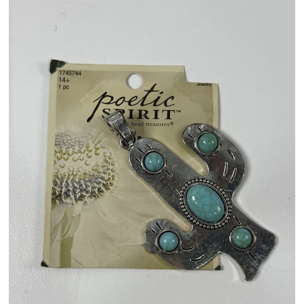 Cactus Pendant Charm Silver Tone Turquoise Poetic Spirit by Bead Treasures